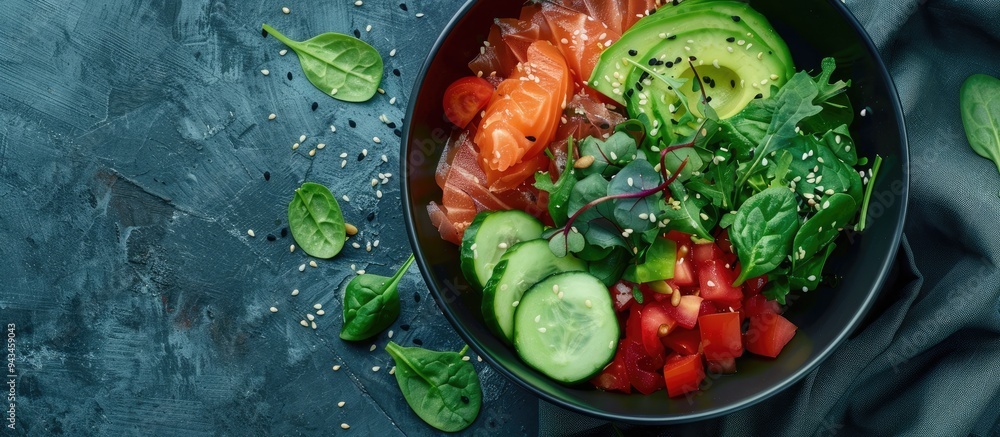 Poster poke bowl featuring red fish avocado spinach cucumber and cherry tomatoes against a plain background