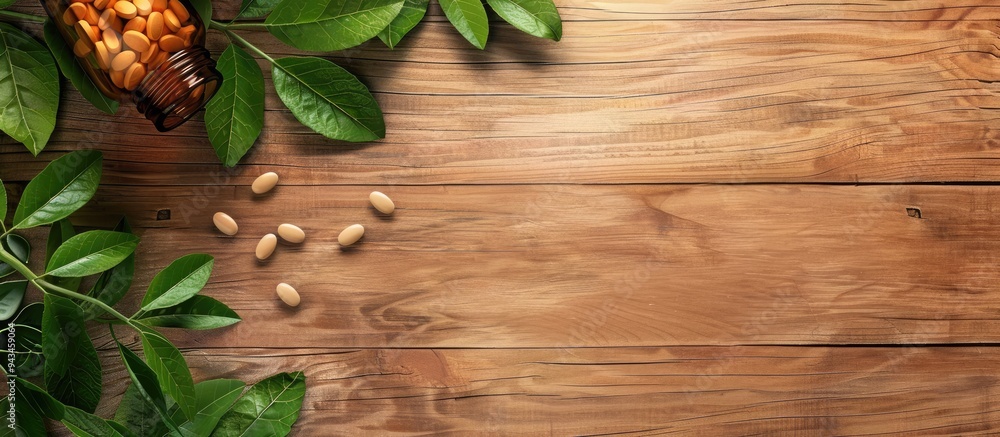 Poster Top view of a bottle with pills and green leaves on a wooden surface with available copy space image