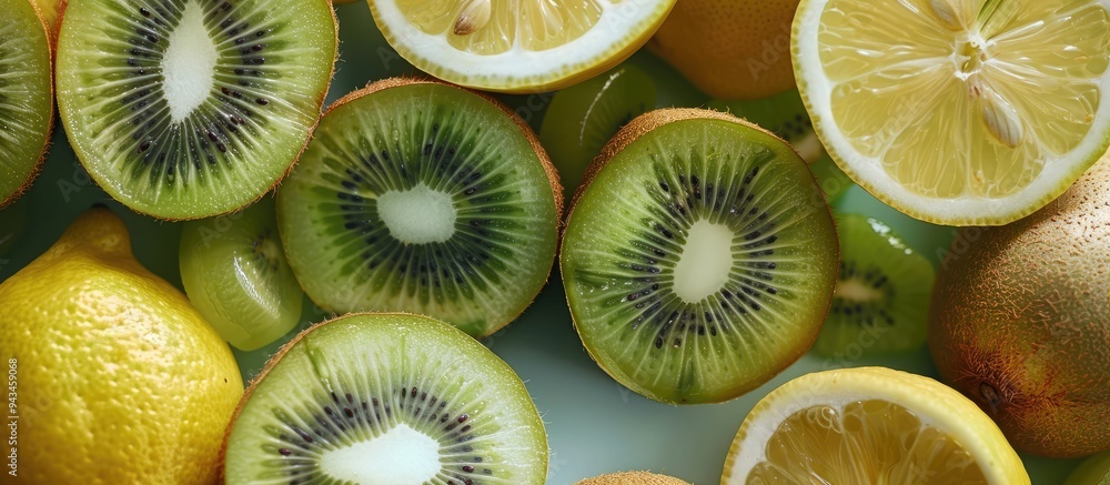 Poster Kiwi and lime fruits creatively arranged with a lemon in a top down view illustrating a concept with ample copy space for text or design