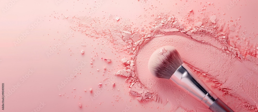 Poster An elegant makeup brush is placed on a universal tone blush swatch against a pastel background creating a copy space image Top view showcases product design