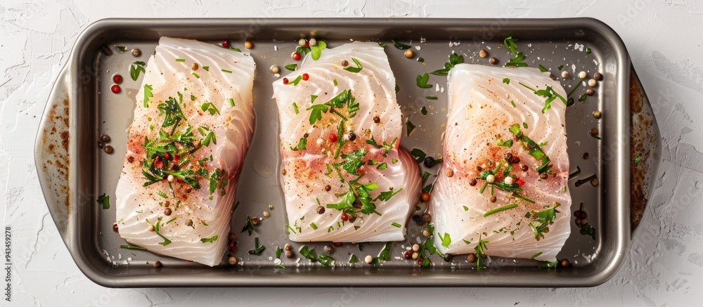 Poster top view of uncooked raw cod loin fillet steaks seasoned with herbs in a kitchen tray against a gray