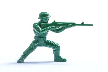 Toy soldier figurine in green plastic, standing on a war-torn battlefield
