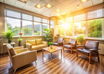 Cozy dental clinic waiting room with comfortable seating and sunlight