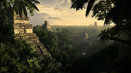 2. "Detailed scene of Temple I and Temple II at Tikal, with intricate stone carvings visible against the backdrop of dense jungle foliage and distant temple structures