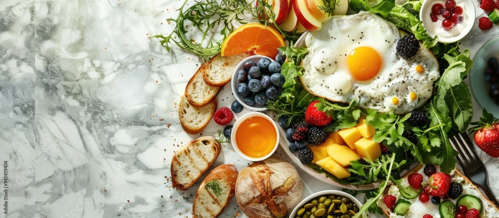 Poster a delicious flat lay breakfast arrangement with fruits salad egg bread vegetables cheese and berries