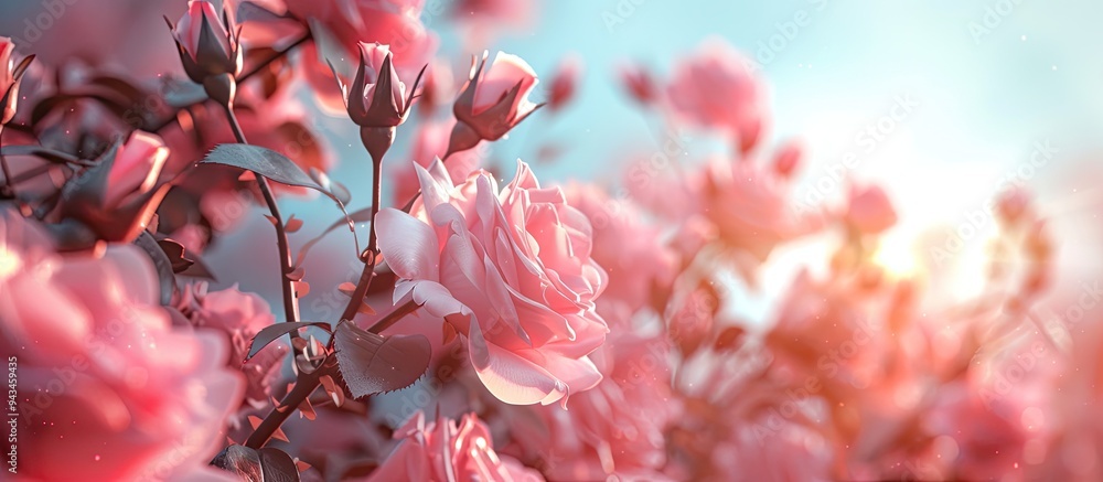 Poster close up view of blooming pink roses with copy space image