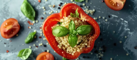 Top down view of a bell pepper filled with quinoa basil and tomato on a bright surface with room for adding text Overlay. Creative banner. Copyspace image
