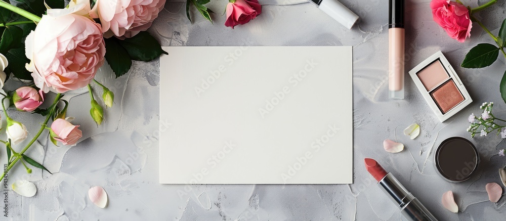 Poster A blank card displayed with makeup items and flowers on a textured grey background all set against a stylish backdrop with ample copy space image