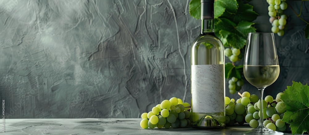 Poster white wine bottle and glasses with grapes against a gray backdrop with a space for additional images
