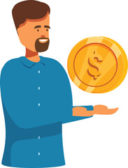 Businessman is presenting a large golden coin, symbolizing successful investment and financial growth