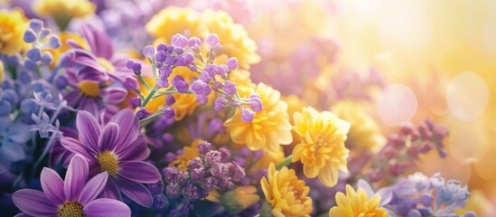 Fototapeta premium Purple and yellow flowers in a copy space image