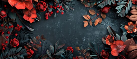 Digitally created copy space image with flowers leaves and a black background depicting nature shapes backgrounds and a digital interface concept