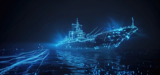 Futuristic Digital Battleship in Blue Neon Light on the Ocean with Sparkling Waves and Dark Background.