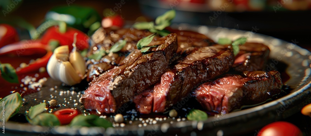 Aufkleber a detailed photo focusing on a plate of savory grilled steak complemented by roasted peppers and gar
