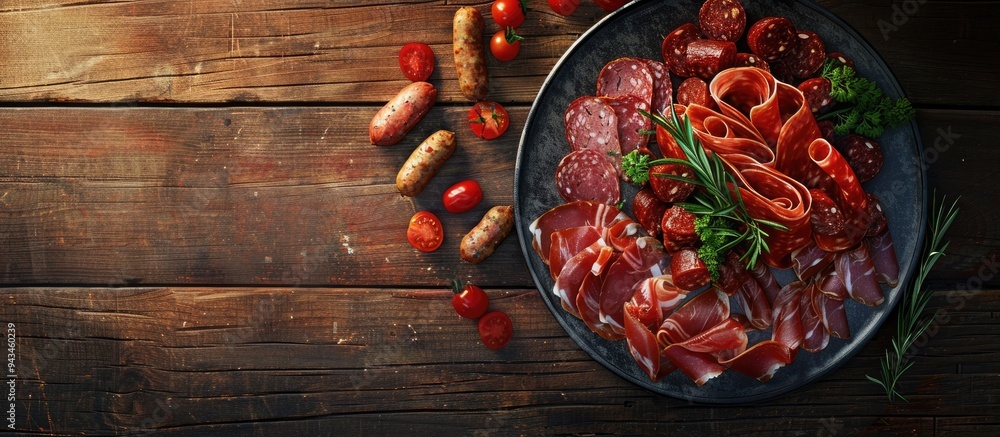 Poster A rustic top view image with a copy space background featuring a fresh assortment of salami prosciutto sausage and coppa on an appetizer plate