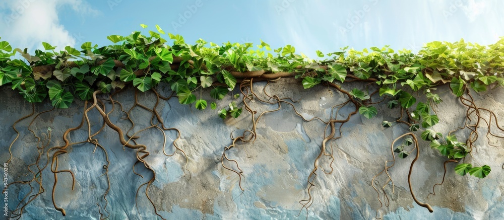 Aufkleber javanese tree roots cissus nodosa with lush green leaves sprawling on house walls set against a blue
