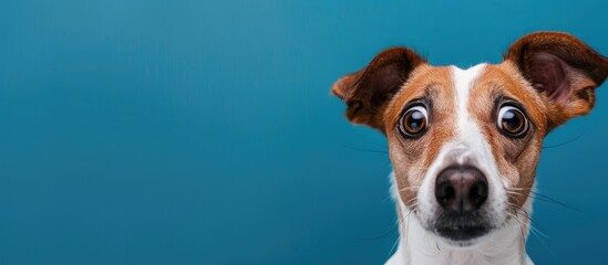 Surprised dog with wide eyed expression on blue background with copy space image