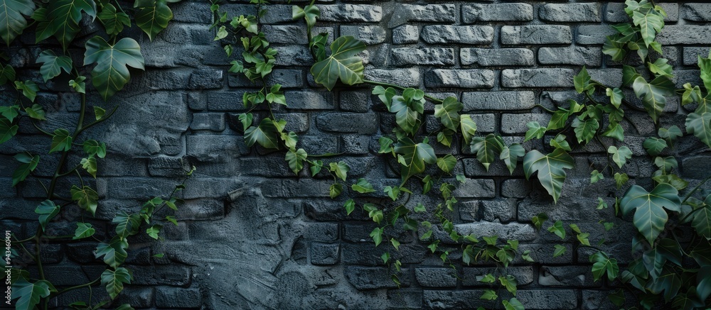 Poster gray brick wall with grapevine leaves providing texture ideal for copy space image