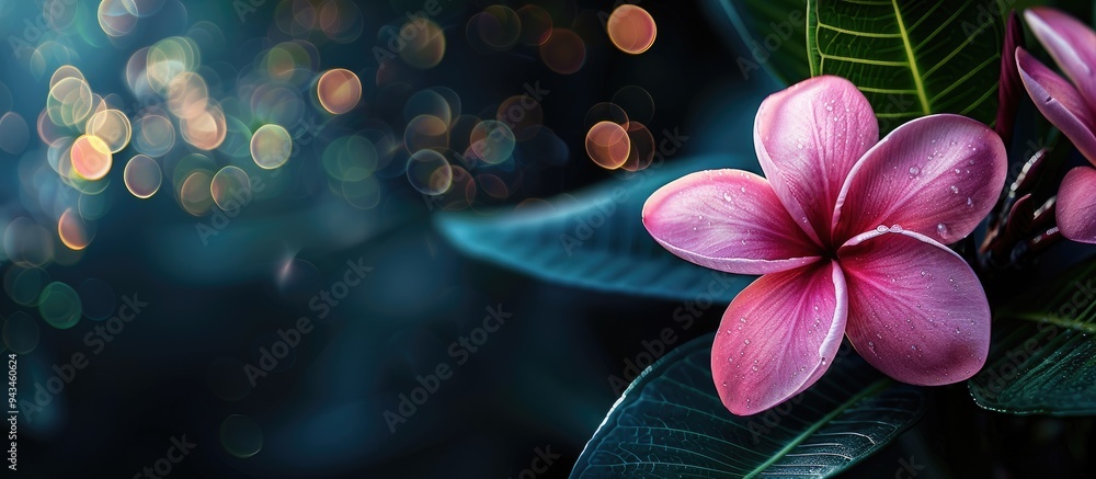 Poster An isolated pink plumeria flower with green leaves set against a dark background with bokeh creating a captivating copy space image