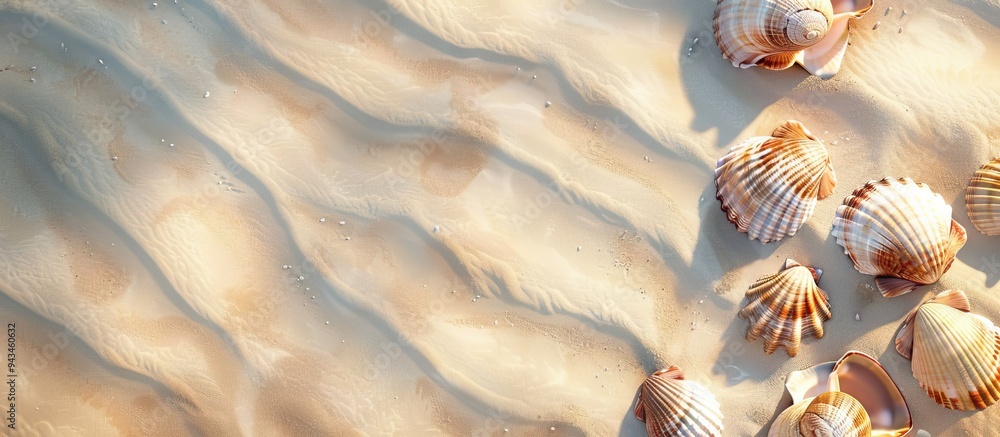 Leinwandbilder top down view of seashells on sandy beach with copy space for your own image