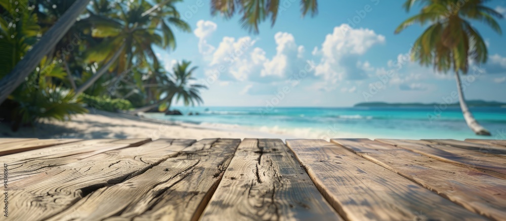 Poster Ideal for showcasing summer products a wooden table with a blurred tropical beach backdrop featuring palm trees creating a fitting copy space image