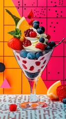 A glass of creamy dessert topped with fresh berries, whipped cream, and a slice of orange. A single red berry drizzles over the dessert. The background is a pink, orange, and black geometric pattern.