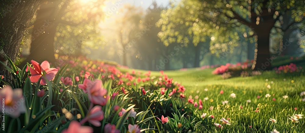 Poster spring concept landscape image with blooming flowers in a meadow showcasing green nature and copy sp