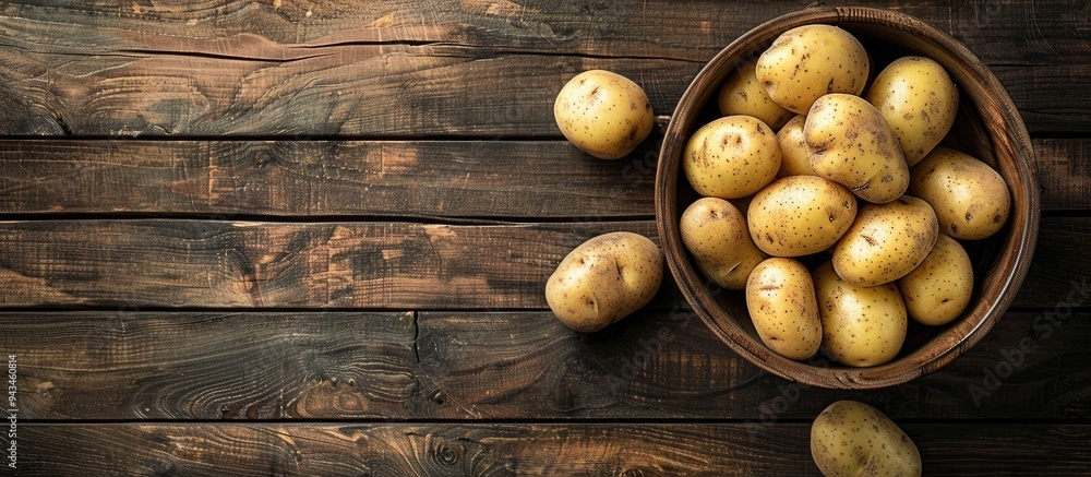 Poster top view of freshly cut raw potatoes in a bowl on a wooden table with copy space image available