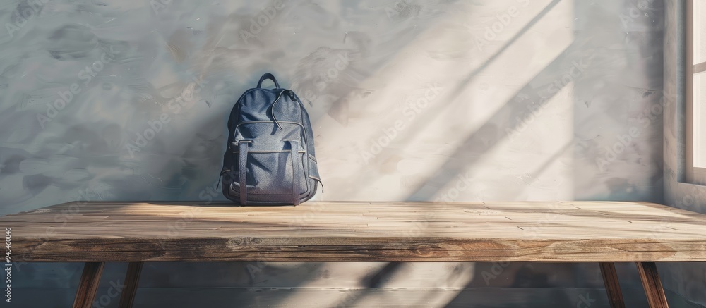 Poster classroom with a school backpack placed on a wooden table suitable for design purposes with copy spa