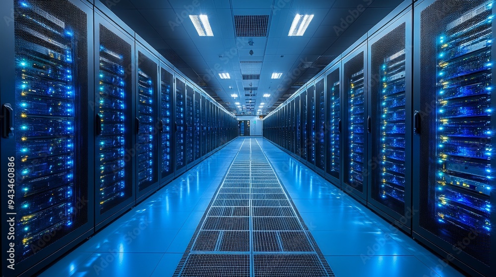 Poster a modern data center utilizing renewable energy, showcasing advanced server racks and efficient cool