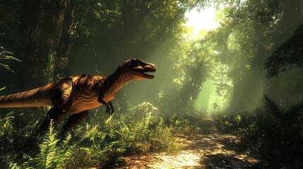 Running with dinosaurs in a prehistoric jungle, immersive soundscapes, VR adventure, 3D animation