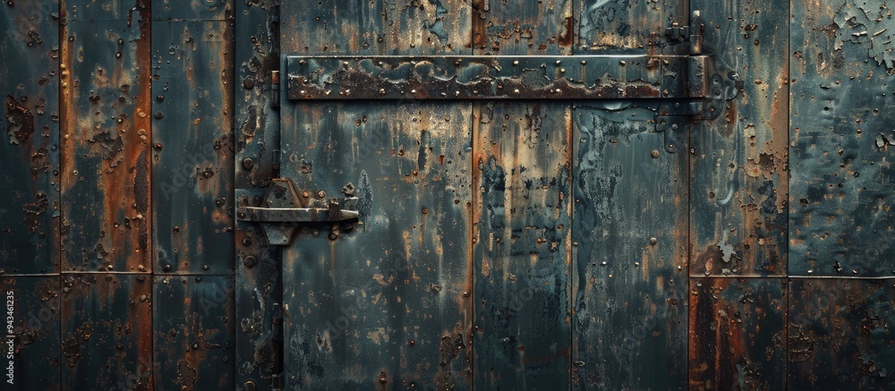 Poster A textured wallpaper with an industrial theme showcases a close up image of an old rusty garage gate in an abandoned warehouse setting offering ample copy space