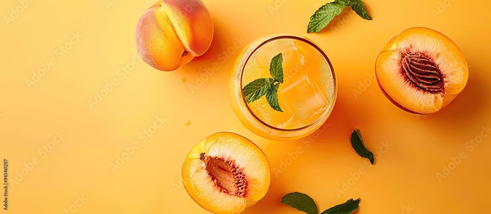 Poster top view of a glass with a cocktail or mocktail garnished with a peach half and whole fruit on a yel