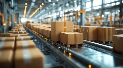 A sustainable packaging production line operates in a modern facility, showcasing boxes on a conveyor system.