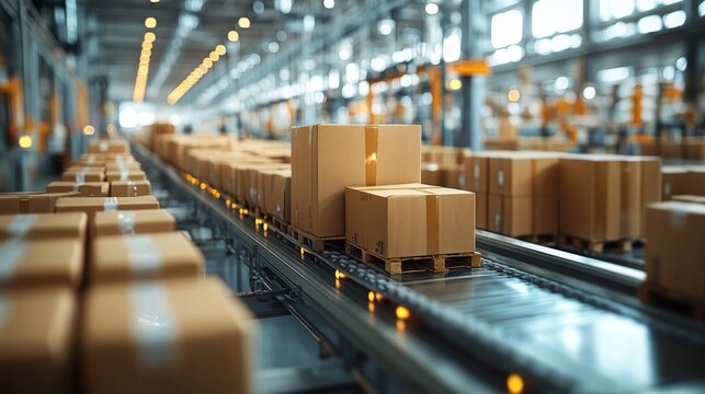 A sustainable packaging production line operates in a modern facility, showcasing boxes on a conveyor system.