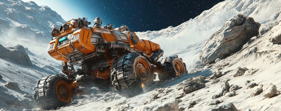 Space mining operation, piloting a mech to collect resources, interacting with asteroids, VR experience, 3D animation