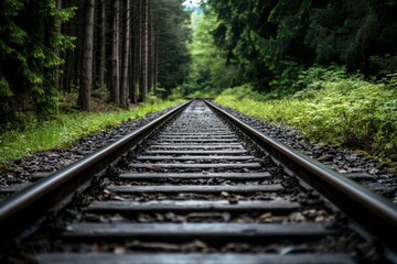 Fototapeta premium An empty railway track stretches through a dense green forest, with sunlight filtering through the trees, symbolizing a journey into the unknown amidst the tranquility of nature.