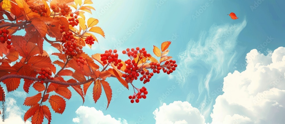 Aufkleber A beautiful fall themed card featuring a rowan tree with autumn leaves and red berries against a blue sky background ideal for back to school season with empty space for additional content