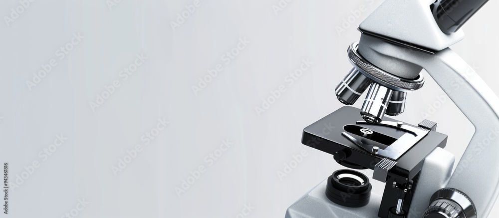 Poster close up of a microscope on a grey background with a banner design featuring copy space image