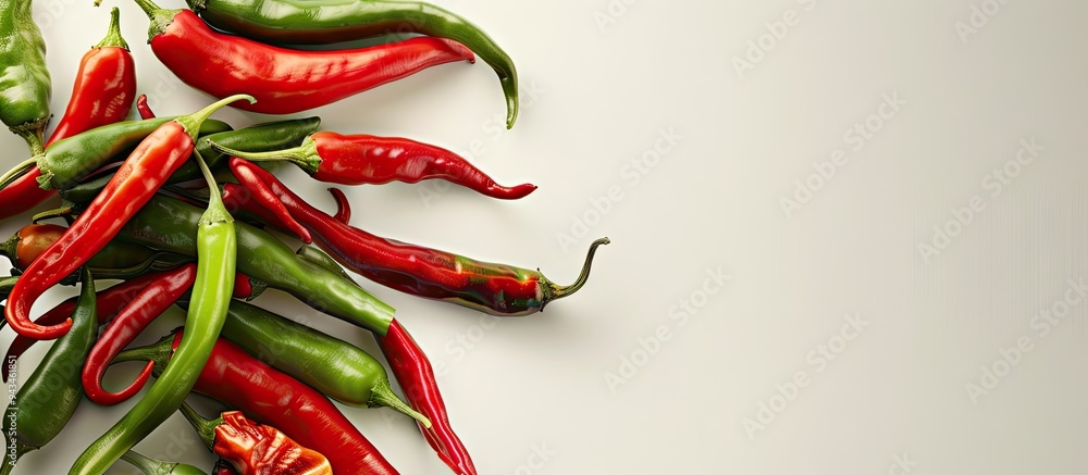 Poster colorful green and red chilies displayed on a white backdrop with copy space image