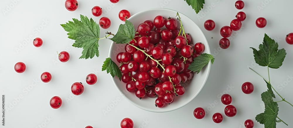 Poster Top down view of a bowl on a white table containing fresh red currants and leaves with ample copy space image available