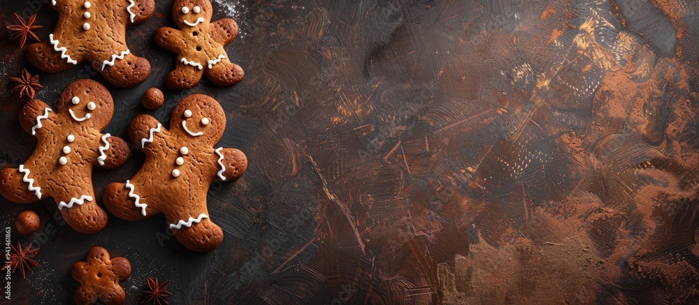 Poster different sized gingerbread men on a dark rustic background seen from above with copy space image