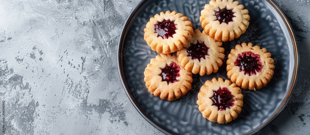 Aufkleber plate with kurabye shortbread cookies filled with berry jam on a gray concrete backdrop with ample c