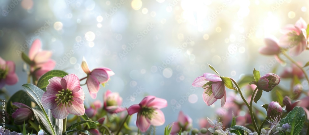 Poster spring bloom of pink hellebore flowers with a natural wildflower backdrop creates a scenic setting f
