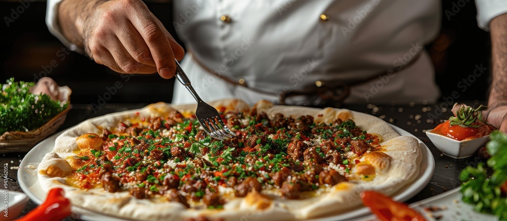 Poster A man is dining with a fork on a Turkish delicacy composed of minced meat dough and savors with a copious area for adding text or visuals. Creative banner. Copyspace image