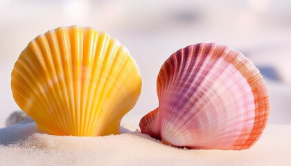 closeup photography of two yellow and pink seashells on white sand