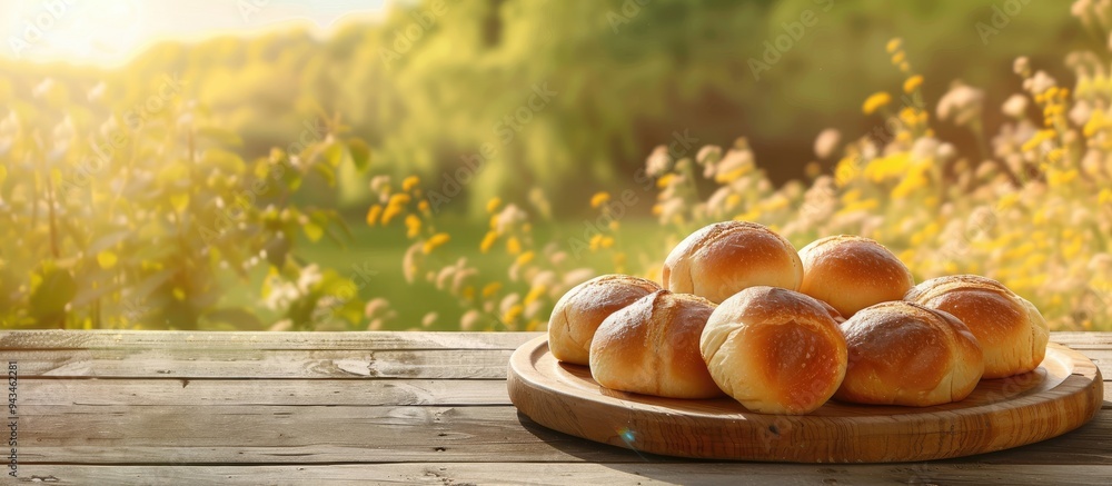 Poster wooden table displaying freshly baked buns with available copy space image for product placement set