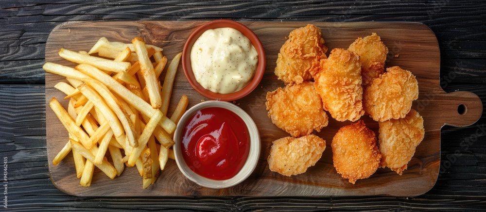 Aufkleber Close up of a wooden board with a variety of appetizing fast food items like fries nuggets and sauces creating a visually appealing copy space image