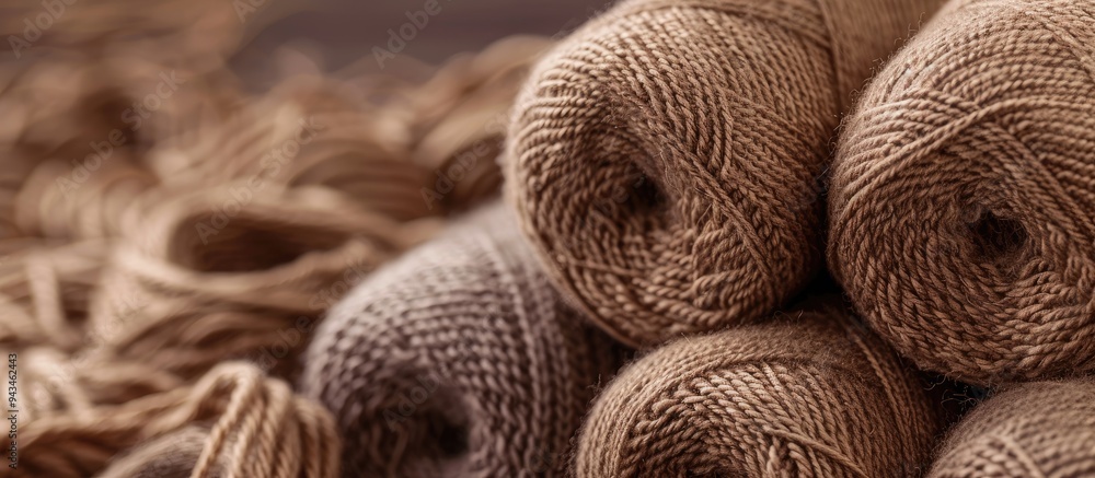Poster Knitting pattern rolls with a blend of brown hues are displayed in a copy space image