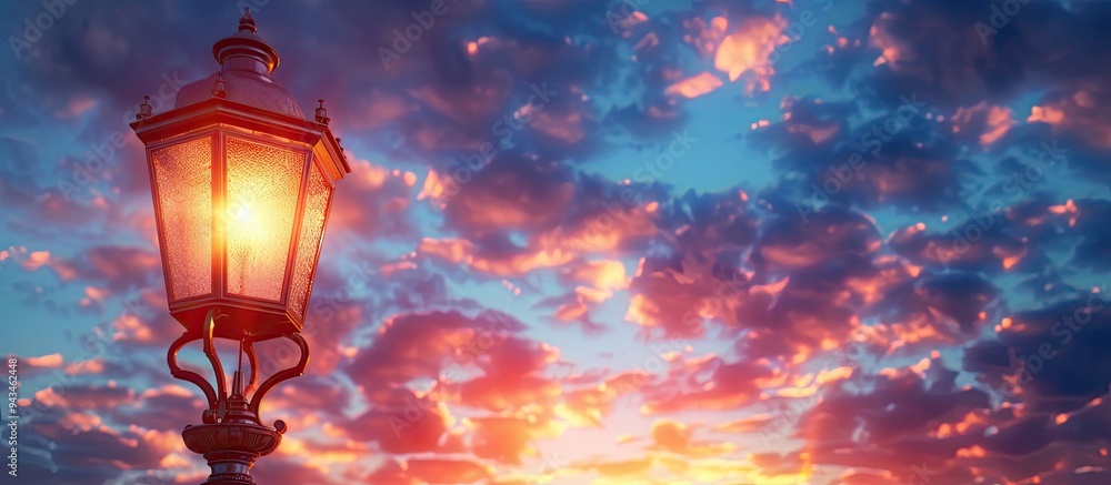 Poster copy space image of a charming vintage street lamp illuminated in the evening against the backdrop o